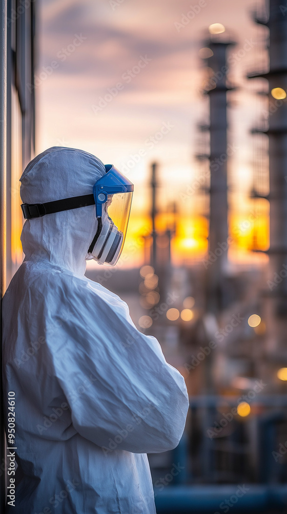Industrial Worker in Protective Gear at Sunset Industrial Worker in Protective Gear at Sunset