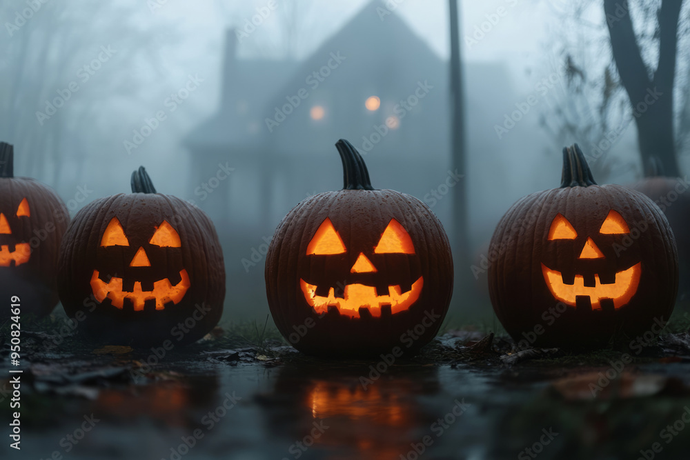 Glowing jack o lanterns on a foggy night in front of a dimly house Glowing jack o lanterns on a foggy night in front of a dimly house