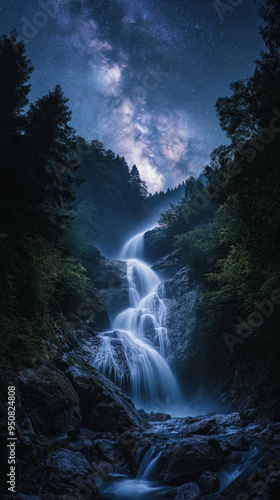 Majestic Waterfall Under the Starry Sky