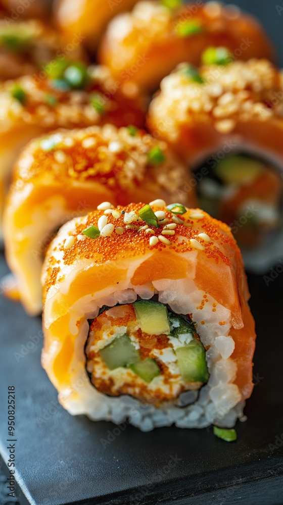 Delicious Sushi Rolls with Salmon and Sesame Delicious Sushi Rolls with Salmon and Sesame