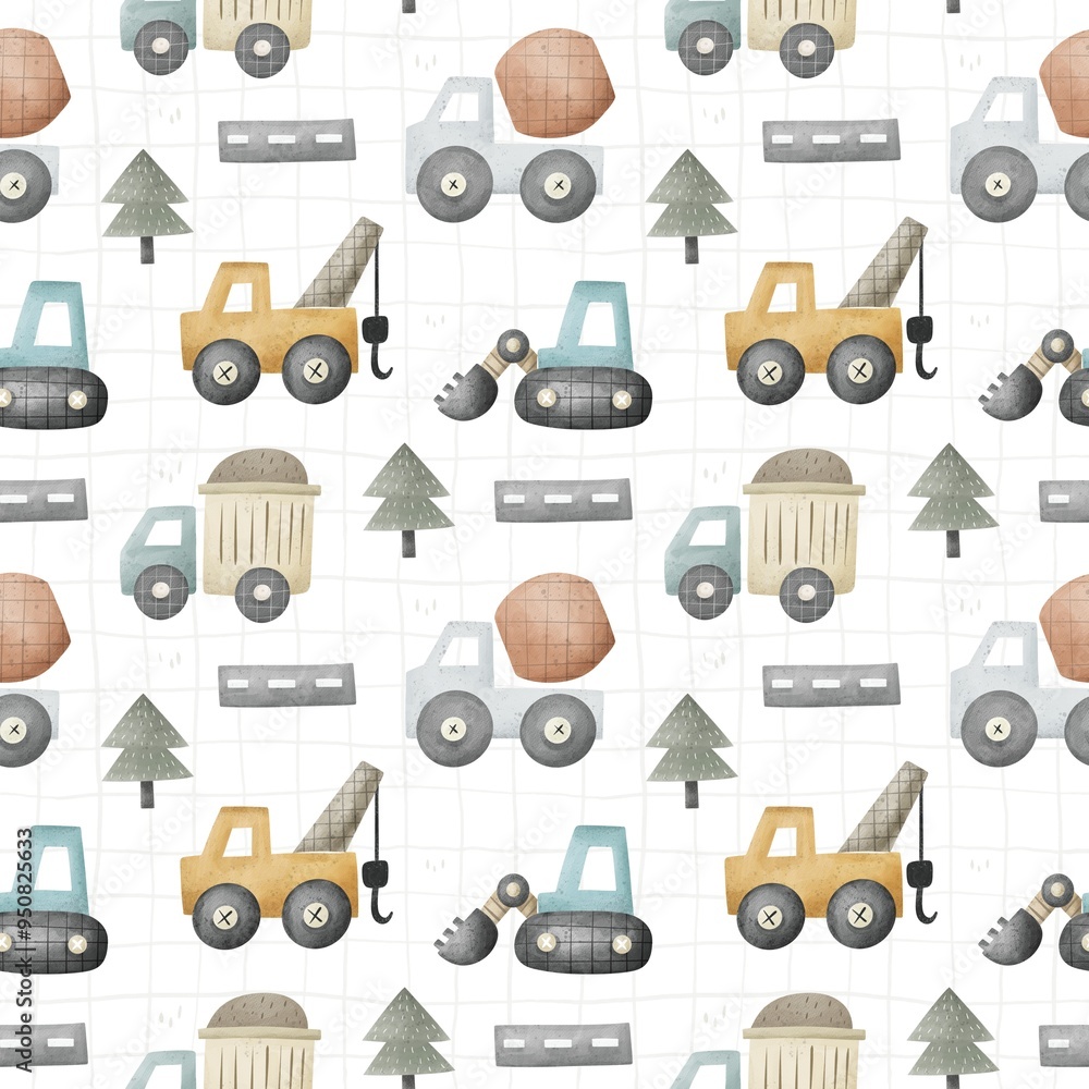 seamless pattern with cartoon Truck, bulldozer, decor elements. Colorful illustration flat style for kids. hand drawing. baby design for fabric, print, wrapper, textile