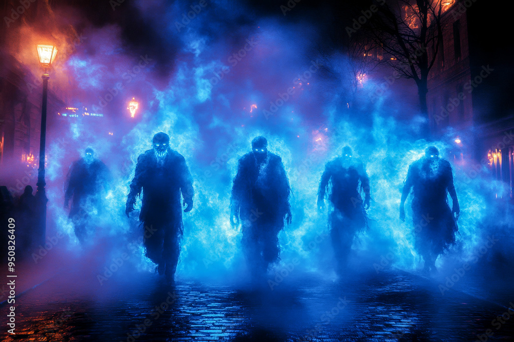 Ghostly figures emerge from a thick blue fog, creating a mysterious and eerie scene filled with suspense and supernatural energy Ghostly figures emerge from a thick blue fog, creating a mysterious and eerie scene filled with suspense and supernatural energy