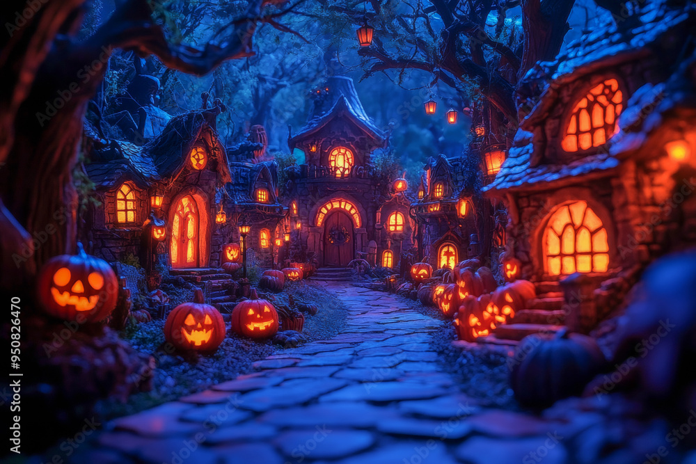 A spooky village filled with glowing jack-o'-lanterns lining the path, surrounded by dark trees, creating a festive and eerie Halloween scene A spooky village filled with glowing jack-o'-lanterns lining the path, surrounded by dark trees, creating a festive and eerie Halloween scene