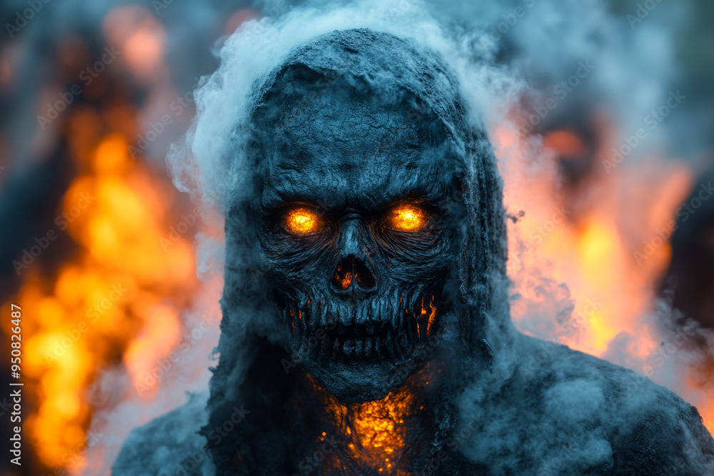 A terrifying skull with glowing, fiery eyes, shrouded in smoke and darkness, creating an intense and menacing Halloween scene A terrifying skull with glowing, fiery eyes, shrouded in smoke and darkness, creating an intense and menacing Halloween scene
