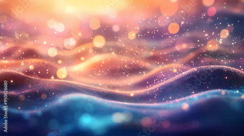 A mesmerizing abstract landscape with undulating waves dotted with sparkling, colorful particles creating a dreamlike bokeh effect. Dreamlike. Illustration photo