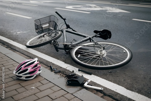 Bicycle accident scene with broken helmet and detached front wheel on pavement