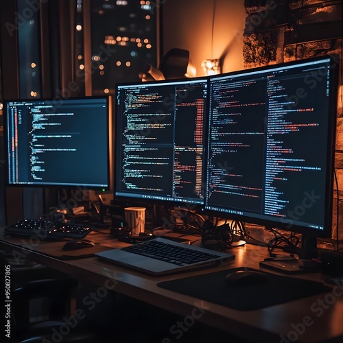 Background shot of empty programmer desk setup with laptop and multiple computer screens displaying source code programming at office workplace