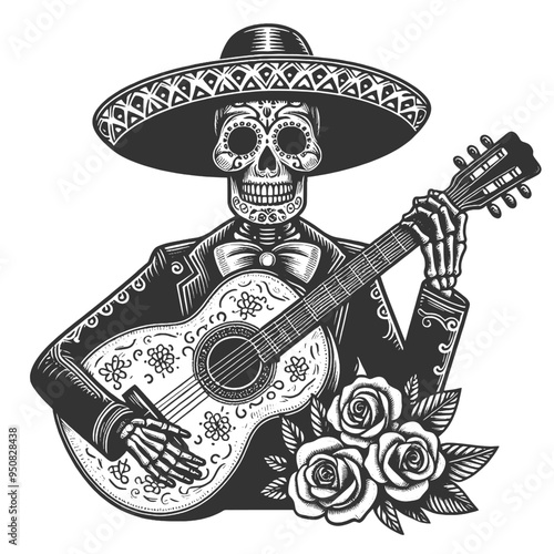 skeleton Mexican mariachi, playing guitar, symbolizing Day of the Dead or Dia de los Muertos traditions sketch engraving generative ai vector illustration. Scratch board imitation. Black and white