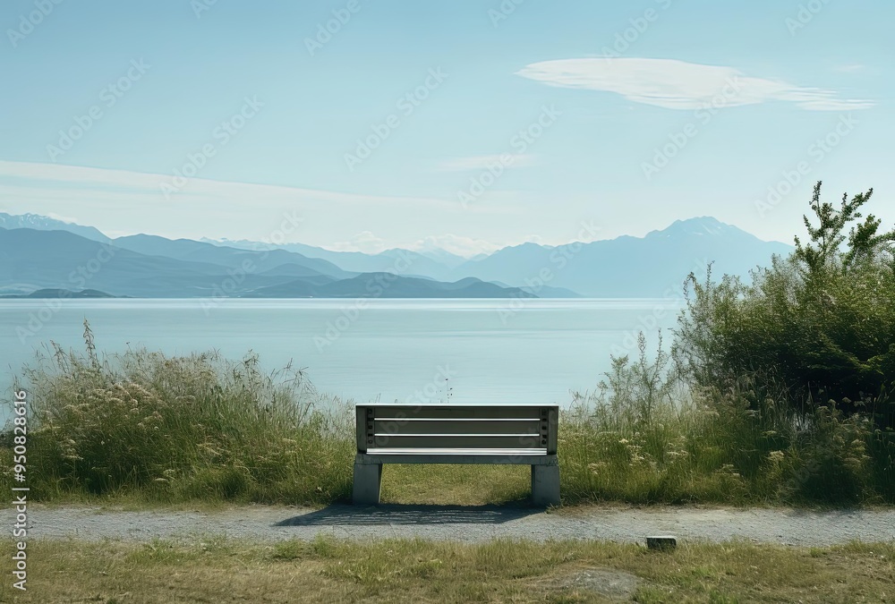 an empty bench in the grass overlooking a lake and mountains an empty bench in the grass overlooking a lake and mountains