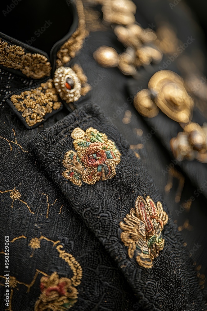 Closeup of Black Fabric with Gold Embroidery and Floral Motifs Closeup of Black Fabric with Gold Embroidery and Floral Motifs