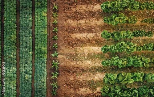 Aerial view of a diverse agricultural field showcasing various crops thriving in distinct soil zones under optimal growing conditions photo