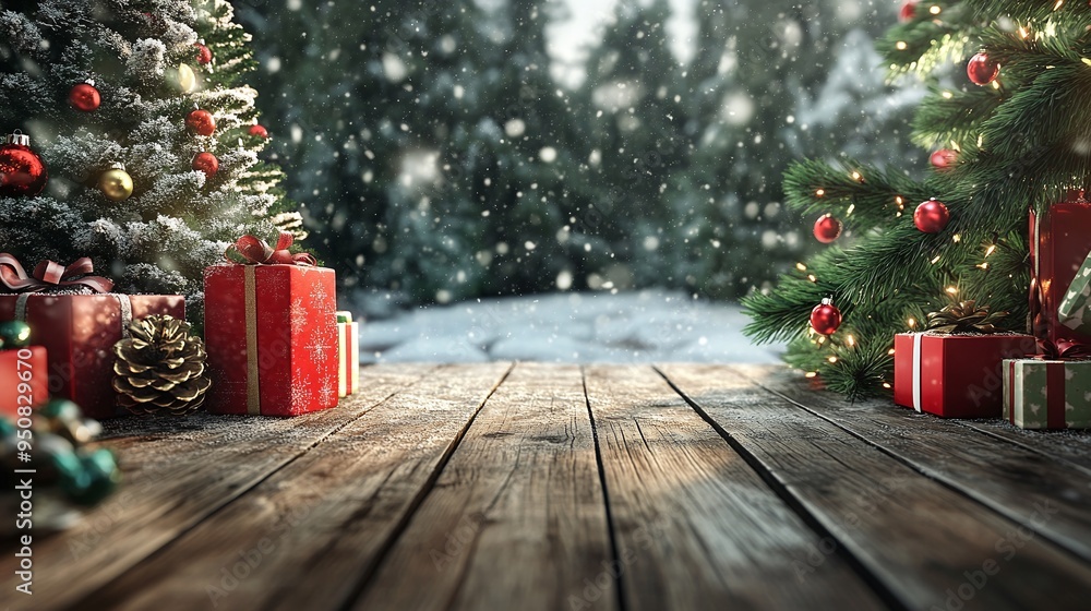 Festive Christmas Scene with Snow, Gifts, and Decorated Trees Festive Christmas Scene with Snow, Gifts, and Decorated Trees