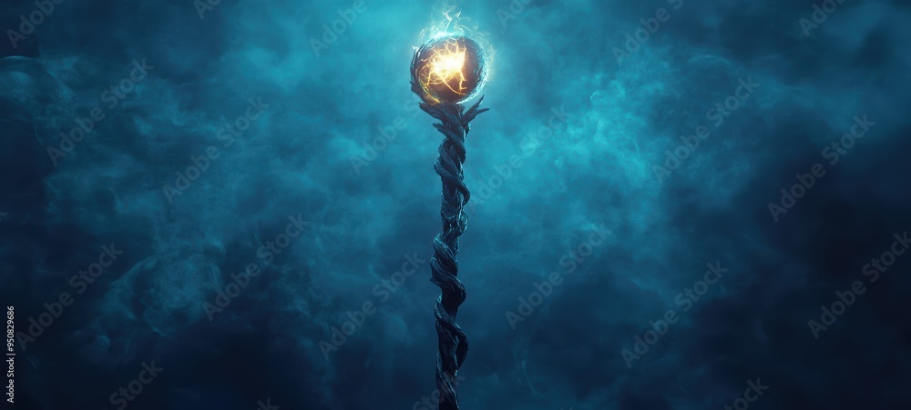 A staff made from twisted dark wood, with a glowing orb suspended at the top, crackling with arcane electricity A staff made from twisted dark wood, with a glowing orb suspended at the top, crackling with arcane electricity