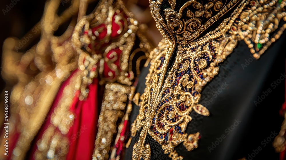 Close Up of Ornate Gold Embroidery on Black Fabric Close Up of Ornate Gold Embroidery on Black Fabric