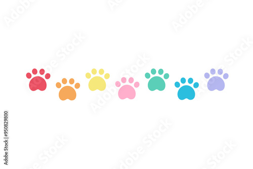 Colorful paw footprint border frame. Rainbow animal footstep silhouette. Flat decorative vector design isolated illustration.