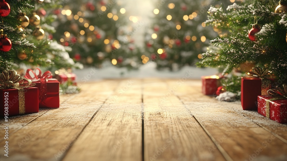 Festive Christmas Scene with Snow, Gifts, and Decorated Trees Festive Christmas Scene with Snow, Gifts, and Decorated Trees