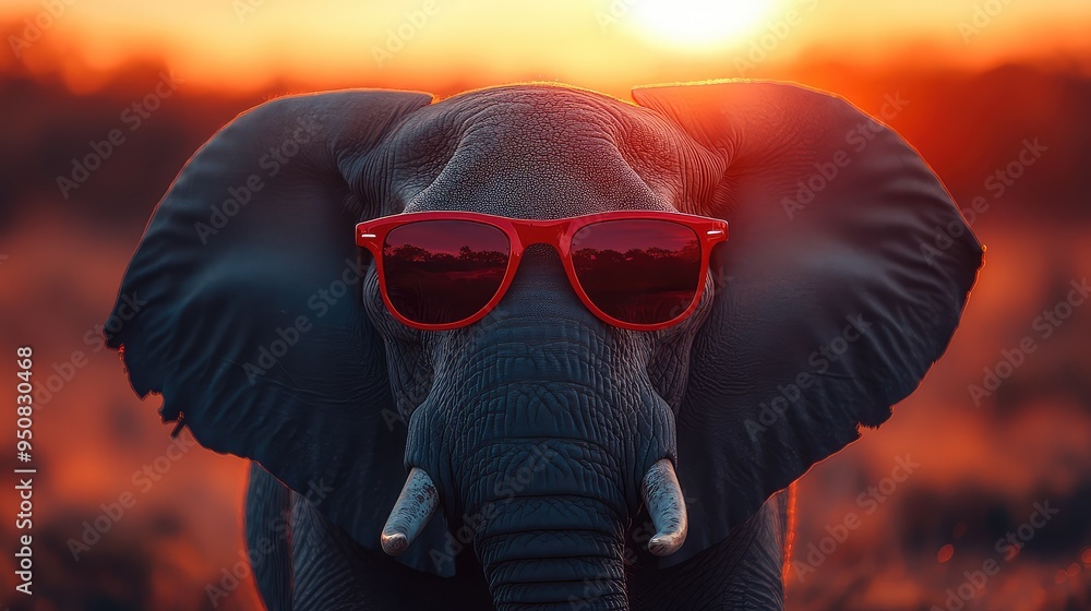Majestic Elephant Wearing Red Sunglasses Against a Vibrant Sunset, Capturing the Essence of Wildlife and Nature in a Unique and Colorful Scene Majestic Elephant Wearing Red Sunglasses Against a Vibrant Sunset, Capturing the Essence of Wildlife and Nature in a Unique and Colorful Scene