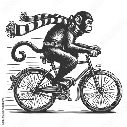  monkey riding bicycle, wearing a striped scarf, depicting playful and humorous art sketch engraving generative ai vector illustration. Scratch board imitation. Black and white image.