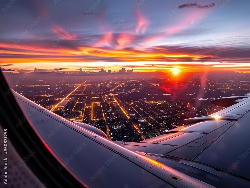 Obraz premium Airplane wing during sunrise, serene and expansive, Travel, Warm tones, Photograph, Sky high