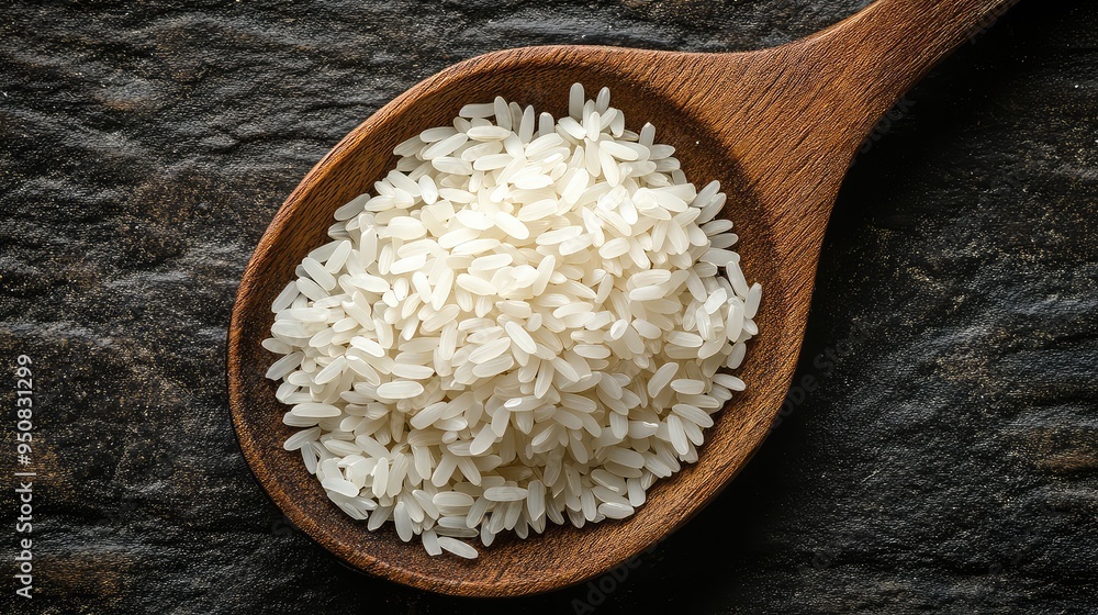 Wooden Spoon Filled with Uncooked White Rice: Perfect for Culinary, Cooking, and Food Photography Projects Wooden Spoon Filled with Uncooked White Rice: Perfect for Culinary, Cooking, and Food Photography Projects