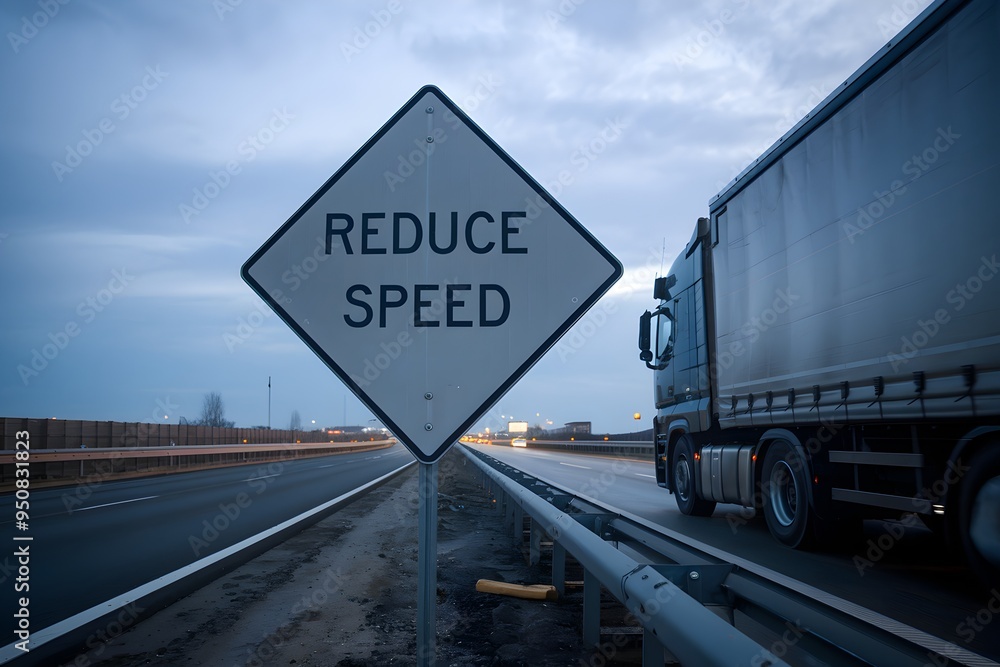 Large truck on highway, REDUCE SPEED sign in foreground, overcast sky Large truck on highway, REDUCE SPEED sign in foreground, overcast sky