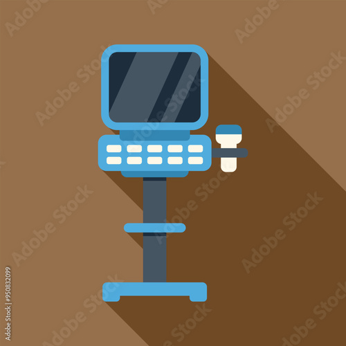 Blue medical monitor standing on a brown background, showing vital signs and equipped with buttons and ultrasound transducer