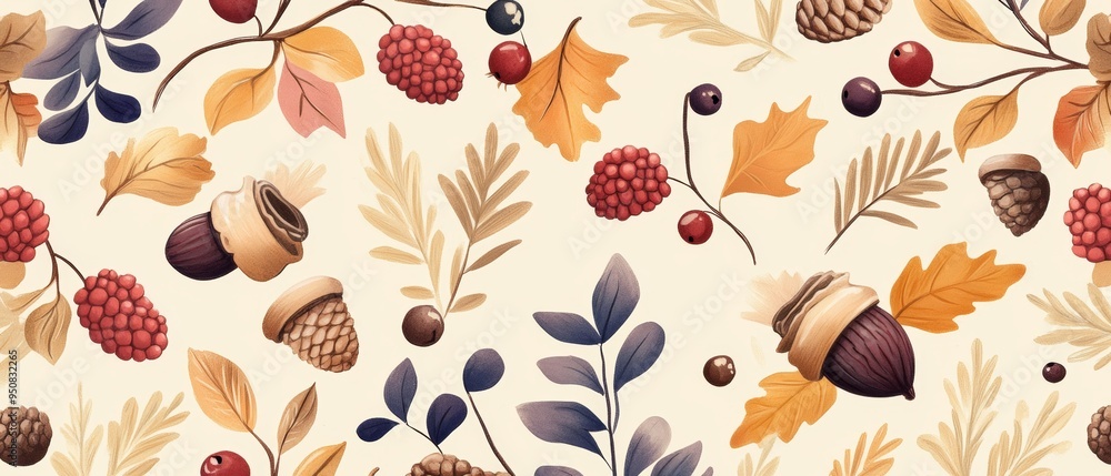 A painting of autumn leaves and berries with a tree in the background A painting of autumn leaves and berries with a tree in the background