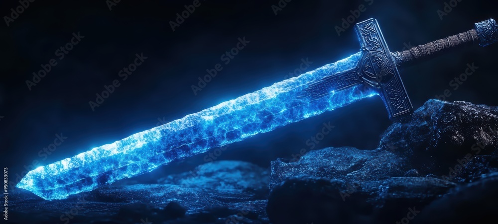 A sword forged from blue crystal, its blade glowing with a faint light A sword forged from blue crystal, its blade glowing with a faint light