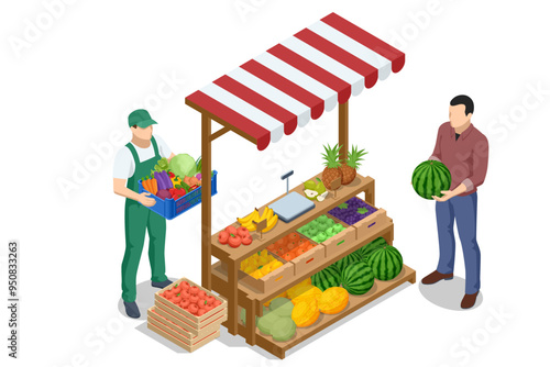 Online sale of vegetables and fruits. Isometric Farmer sells fresh Fruts and vegetables. Natural fresh products. Sellers and marketing concept. Farmer market.