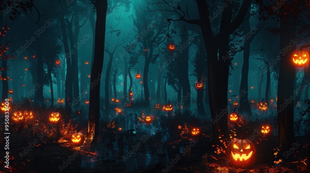 A haunting Halloween night in a dark forest with glowing jack-o'-lanterns and mysterious mist A haunting Halloween night in a dark forest with glowing jack-o'-lanterns and mysterious mist