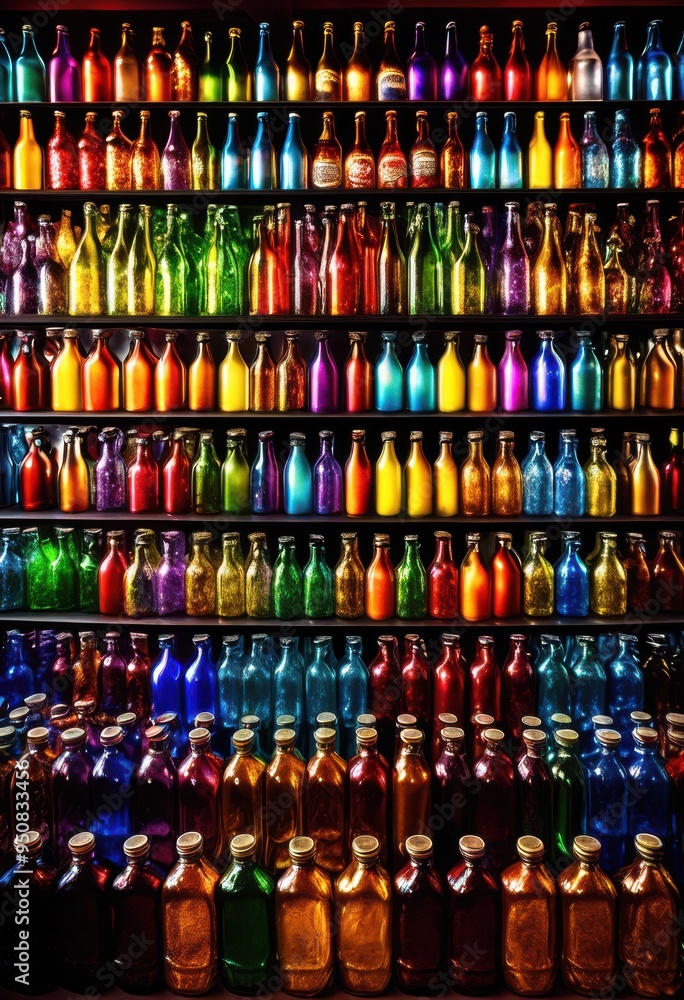 Fototapeta premium colorful glass bottles displaying vibrant beverages bright eye catching arrangement, art, drink, refreshing, liquid, transparent, refreshment, design, modern