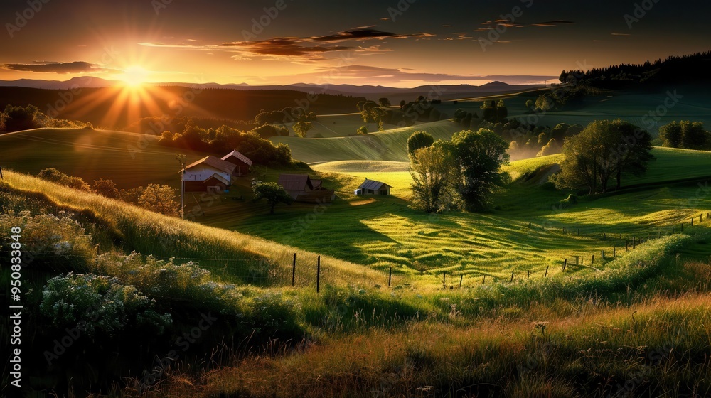 Fototapeta premium Countryside scene with rolling hills, peaceful and pastoral, Rural, Soft greens, Photograph, Tranquil beauty