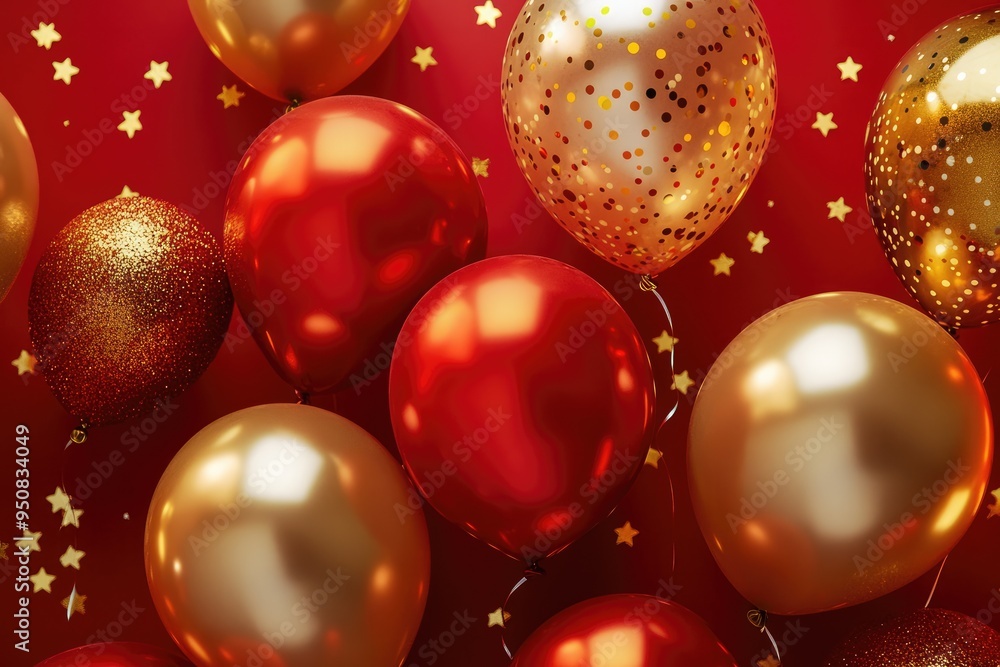 Colorful Gold Balloons on Red Background with Star Pattern in Dark Red and Gold Colorful Gold Balloons on Red Background with Star Pattern in Dark Red and Gold