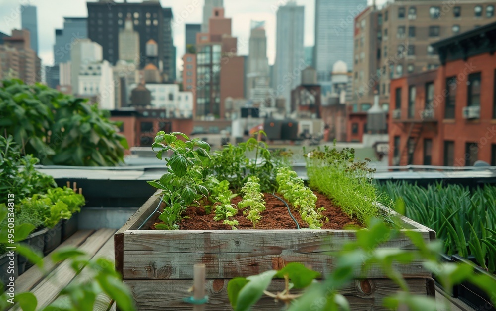 Fototapeta premium Urban rooftop micro-farming with diverse crops in a small garden space overlooking the city skyline