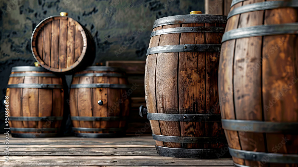 Old wooden barrels with grape wine, bottle, wine in glasses on a wooden background. Alcohol aging. Banner. Old wooden barrels with grape wine, bottle, wine in glasses on a wooden background. Alcohol aging. Banner.