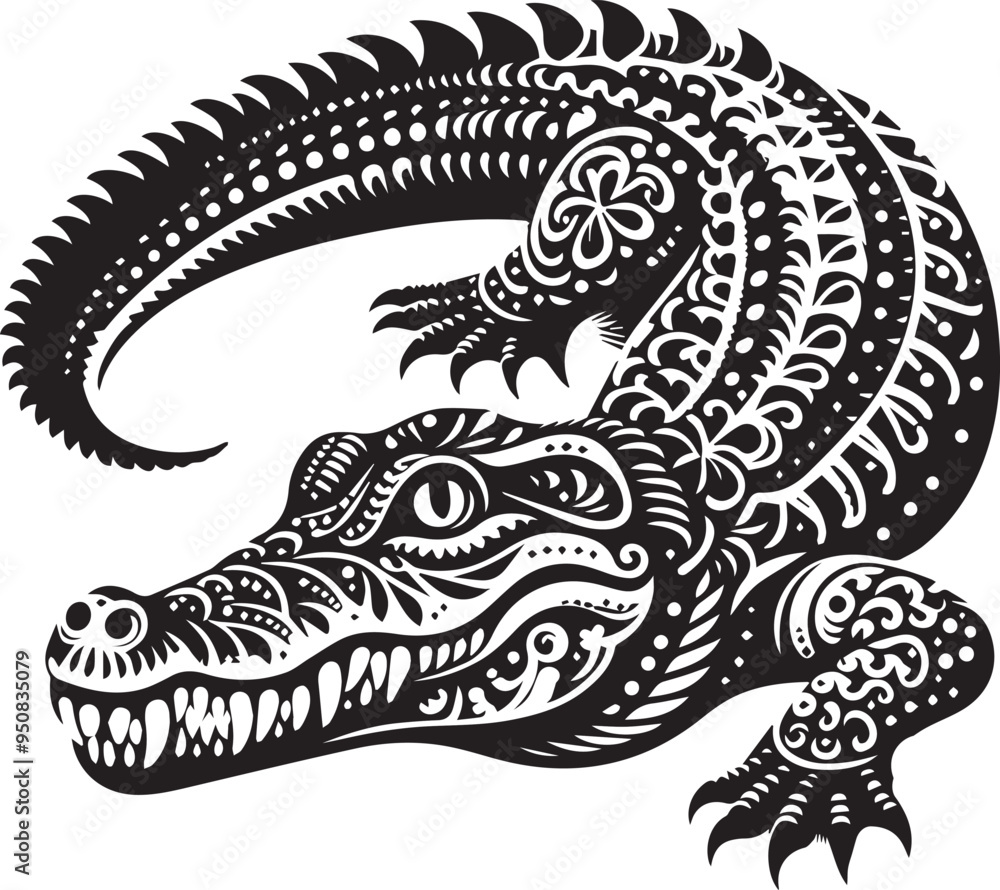 A black and white crocodile silhouette design A black and white crocodile silhouette design