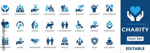 Charity Icon Set. Features community, support, volunteerism, and donation. Perfect for non-profit organizations, social causes, and charitable initiatives. Editable vector graphics for customization.