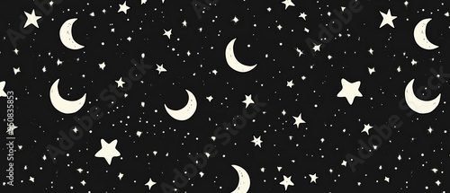 A black and white image of stars and crescent moons