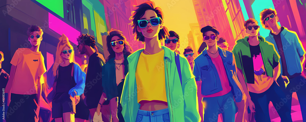 Vivid active teenagers together in city street, bright background. Gen z people Vivid active teenagers together in city street, bright background. Gen z people