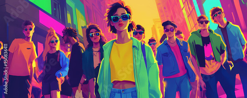 Vivid active teenagers together in city street, bright background. Gen z people