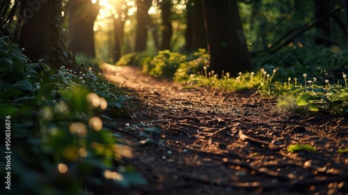 Forest path with dappled sunlight, serene and inviting, Nature, Soft greens, Photograph, Woodland walk photo