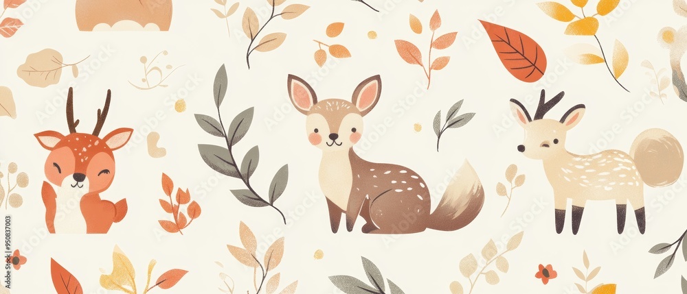 A cartoon drawing of a forest scene with a variety of animals including deer A cartoon drawing of a forest scene with a variety of animals including deer