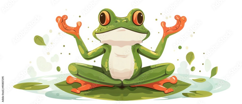 Obraz premium Cartoon frog in a meditative pose on a lily pad, surrounded by serene water lilies.