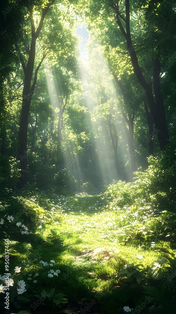 Fototapeta premium Sunbeams illuminate a lush green forest floor, creating a magical atmosphere.