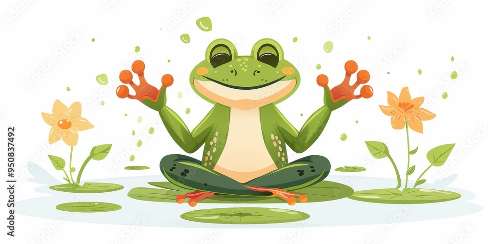 Obraz premium Cartoon frog in a meditative pose on a lily pad, surrounded by serene water lilies.