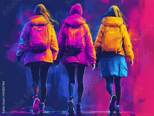 Three girl teenagers walking together in colorful jackets, abstract vibrant and dynamic background