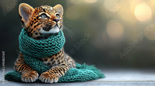 A cute leopard cub with bright blue eyes wears a teal knitted scarf and looks up to the sky. Generated with AI. photo