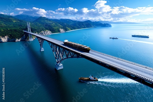 Bridge Large, Steel, and Coastal visualized in a coastal setting where a massive steel bridge connects two landmasses across a wide bay, with ships passing underneath photo