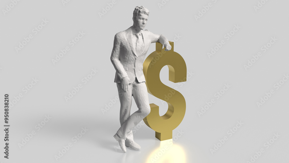 The Business man and gold dollar symbol on white background 3d rendering.. The Business man and gold dollar symbol on white background 3d rendering..