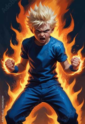 Angry cartoon with blonde hair and a scowling expression, surrounded by flames